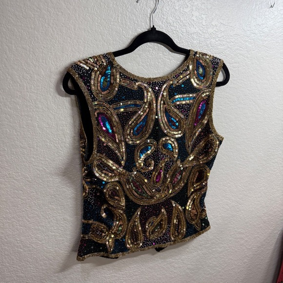 Lawrence Kazars Womens S Beaded Silk Vest Black Gold Paisley Boho Eclectic Artsy - Picture 6 of 11